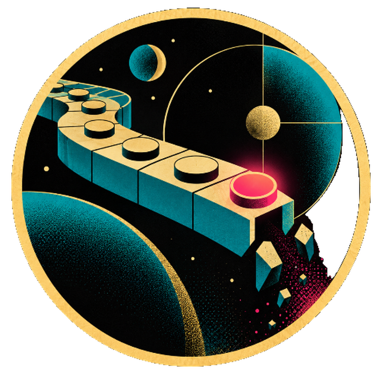 Last Buyer emblem: a conveyor of buttons crossing space toward a glowing pink button