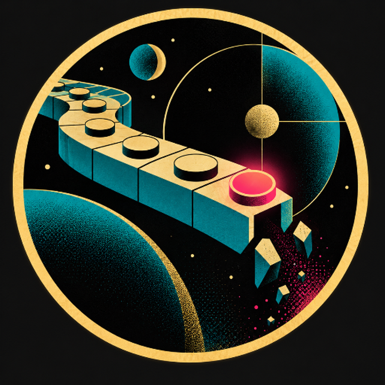 The Last Buyer emblem set into a wider orbital terminal, debris drifting toward a pink core
